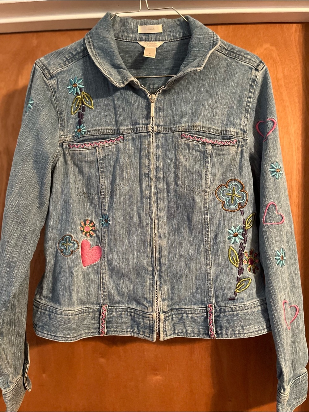 Christopher & Banks Light Blue Denim Jacket with Floral & Heart Embroidery
